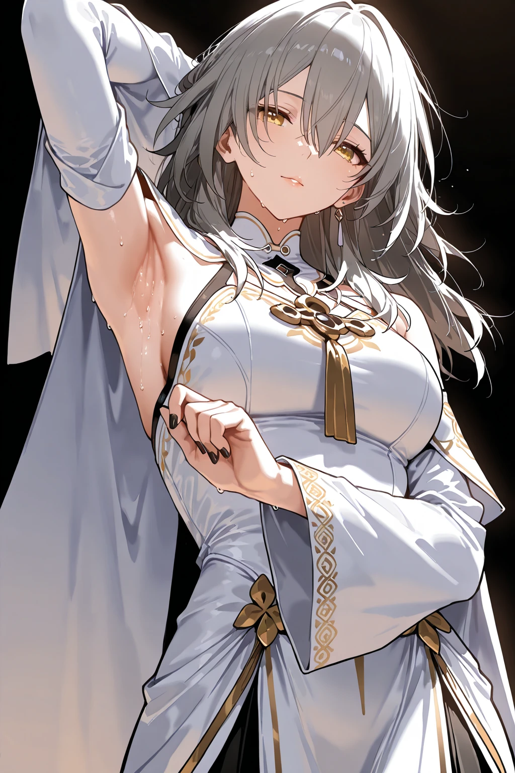 (melhor qualidade,ultra-detalhado,illustration,Obra de arte:1.2), 1 mulher, Maduro, detailed facial features, cabelo solto, serene expression, elegante , confortable clothes, soft lighting, cores vibrantes, peaceful atmosphere, skirt to the waist, wearing pantyhose, seios largos, magra