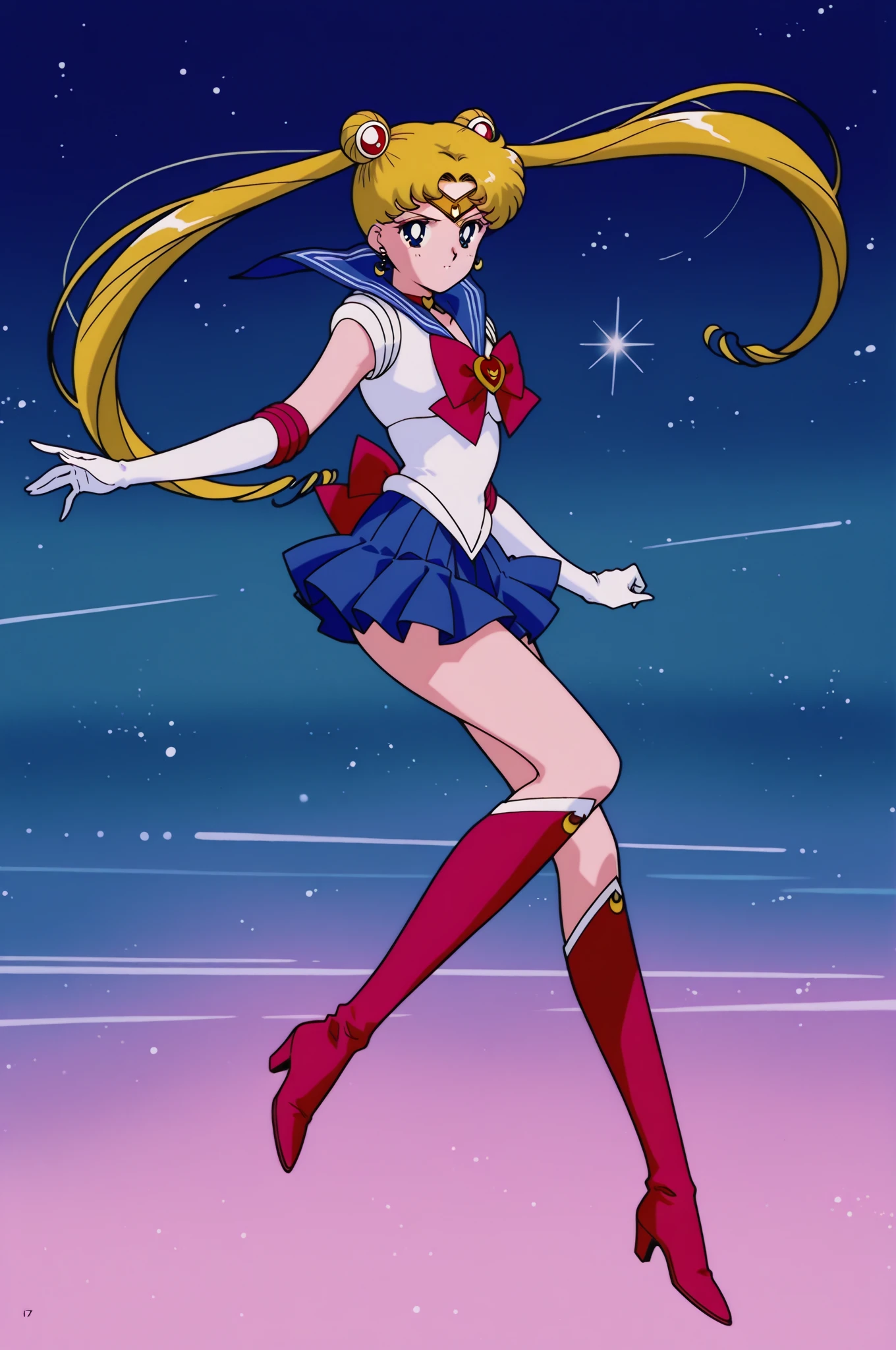 8K,(masterpiece:1.3),(highest quality:1.4),(Super detailed:1.5),High resolution,an extremely delicate and beautiful,Official Art,Perfect ???????,((solo:1.52)),1990s \(style\),anime screencap,retro artstyle,anime coloring,((tsukino usagi:1.37)),Sailor Moon!!!!!!!!,Sailor Moon Style,by Sailor Moon,Sailor Senshi Uniform,double bun,twintails,parted bangs,circlet,jewelry,earrings,choker,red bow,white gloves,elbow gloves,blue skirt,an open-mouthed smile,night park,fighting,