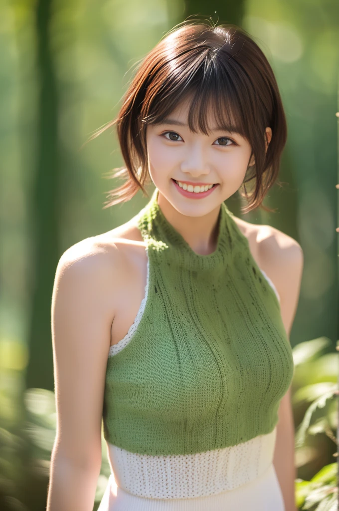 green dress,white short skirt,woman,japanese,bare shoulders,shoulders slightly exposed,black eyes,black hair,(photorealistic:1.4),realistic details, high resolution,bokeh,outstanding details
