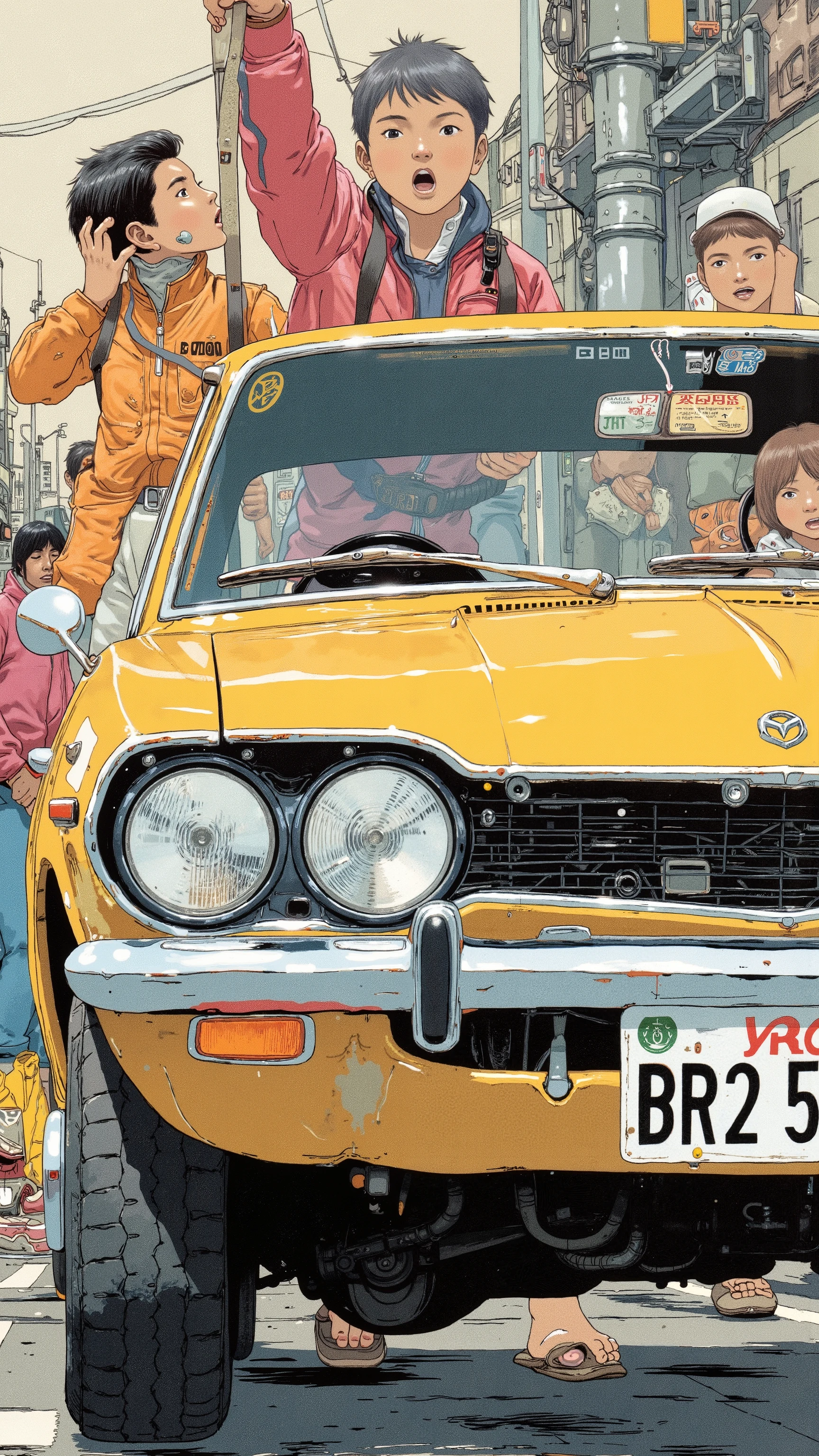 Sleek Design, Equipment, Reminiscent of Mazda Cosmo Sport, of fog lights. car, sense of speed on that front grille, fog lights depicts, Strong presence. Manga-specific, Vintage Mazda Cosmo Sport、expresses the thrill and anxiety, chrome decoration, クラシックな自動carデザインを物語っている. an Illinois license plate "BRD 529." Superior, bold text "VROOOM" along with those keys. car内ビューには 2 人のキャラクターが描かれている, seat belts with dynamic lines that accentuate the front to evoke the roar of the engine, screaming "amazing!!" in excitement. passenger, a young woman with bright hair, broom, Arouse the roar of the engine, A key sound that seems surprising Shelby holding. 下のシーンは回転するcar輪に焦点を当てている,This image、captures the, excitement, Nostalgic charm , The manga-specific.