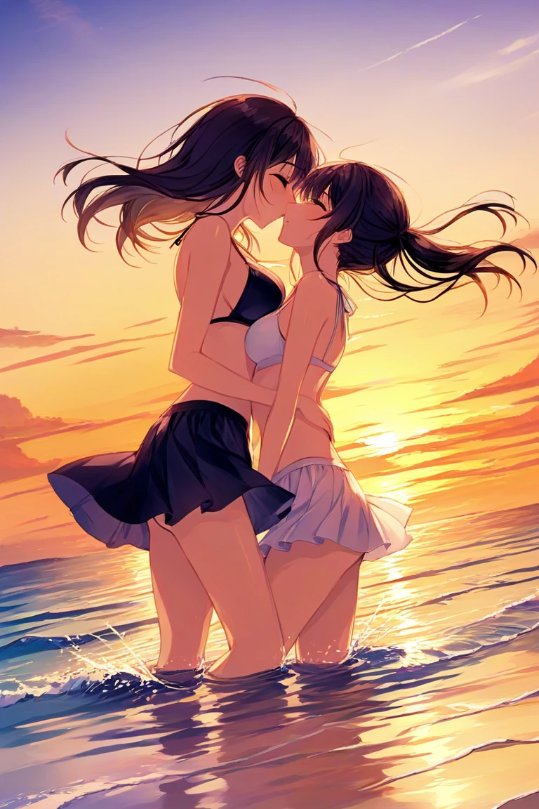 masutepiece,hyper quality, Hyper-detailing,Perfect drawing,nffsw,3D,8K,illustratio、Hi-Res、(((Two beautiful girls)))、(The bikini)、(tank top bikini)、Light blue hair、Pink hair、(Sitting on the breakwater)、Close your eyes、((French Kissing))、Horizon、shores、Back lighting、Sparkling water surface、beatiful backgrounds、Accurate drawing、Detailed drawing
