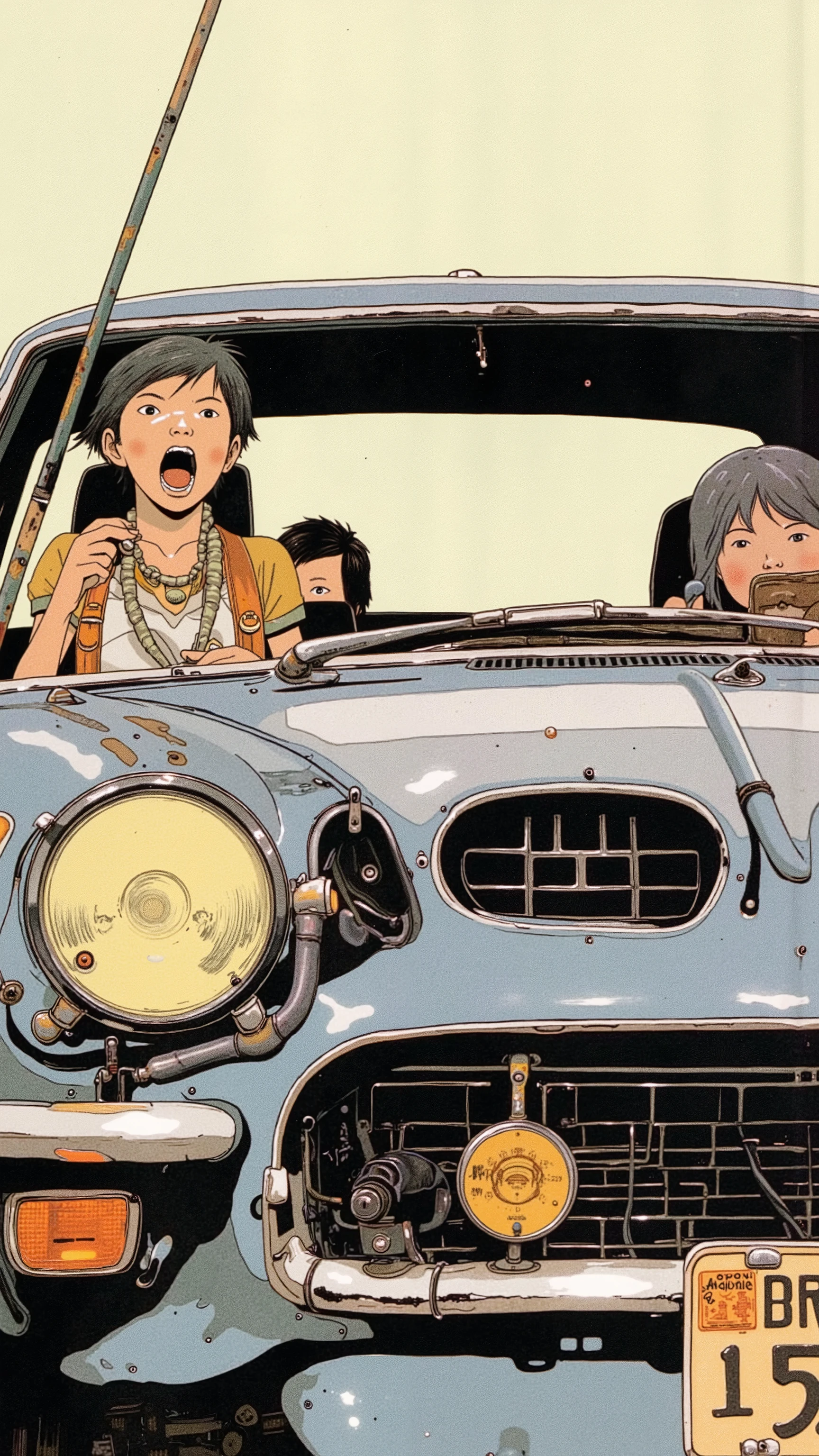 Sleek Design, Equipment, トヨタ2000GTvintage Toyota 2000GT reminiscent of Toyota 2000, of fog lights. car, sense of speed on that front grille, fog lights depicts, Strong presence. Manga-specific, ビンテージトヨタ2000GT、expresses the thrill and anxiety, chrome decoration, クラシックな自動carデザインを物語っている. an Illinois license plate "BRD 529." Superior, bold text "VROOOM" along with those keys. car内ビューには 2 人のキャラクターが描かれている, seat belts with dynamic lines that accentuate the front to evoke the roar of the engine, screaming "amazing!!" in excitement. passenger, a young woman with bright hair, broom, Arouse the roar of the engine, A key sound that seems surprising Shelby holding. 下のシーンは回転するcar輪に焦点を当てている,This image、captures the, excitement, Nostalgic charm , The manga-specific.