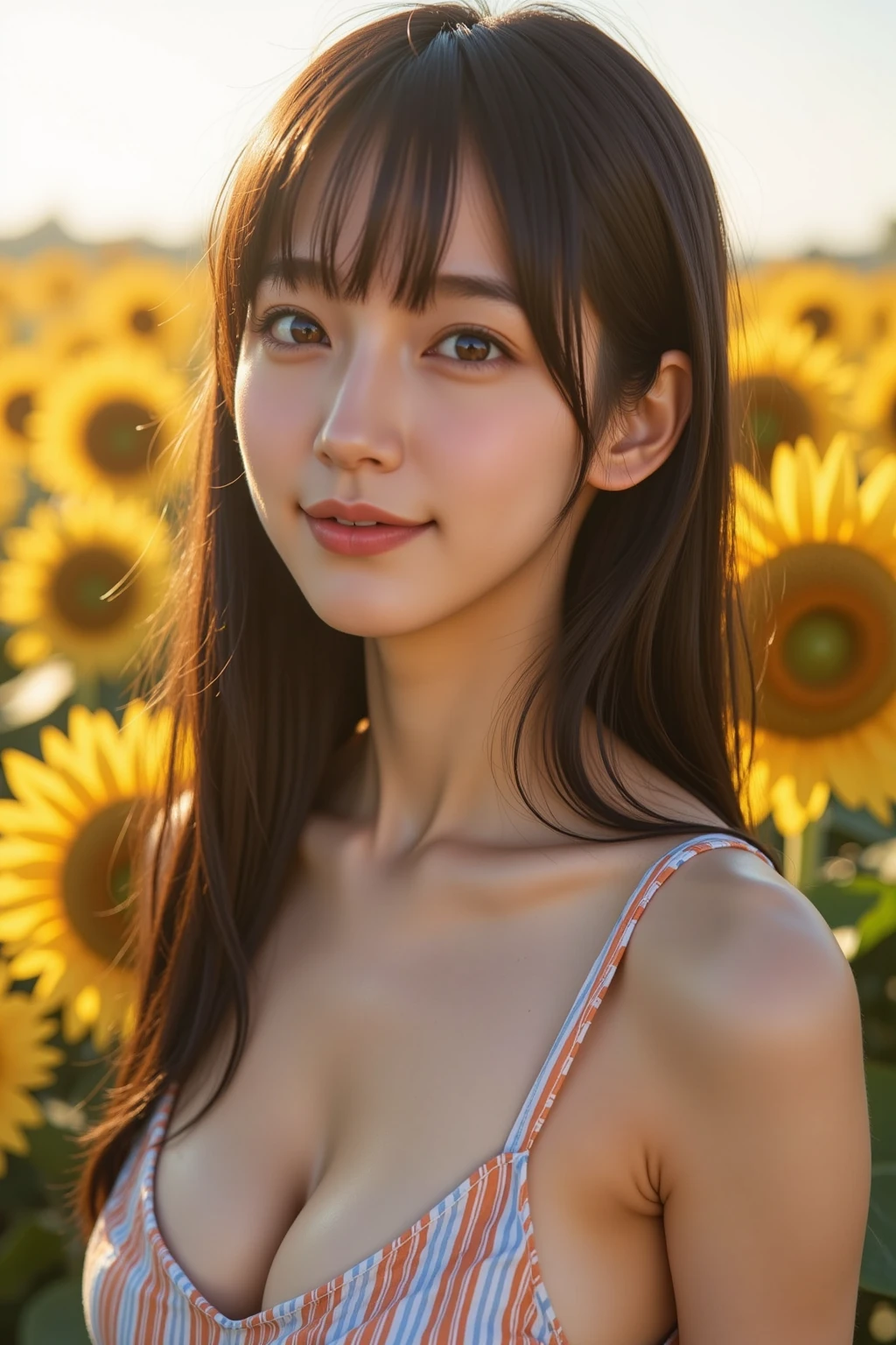 (((topless))), ,(1若い女の子Very detailed美しい顔), (((Natural Makeup))),Great face and great quality:1.4), (Ultra-detailed), (Very detailed CG 統合 8k 壁紙), Very detailed,21 years old, High resolution raw color photos, Professional photography, Realistic portraits, Great face and eyes, Brown eyes,(((Straight medium brown hair))), model, Depth of written boundary,,sit,smile,(((topless))),(((Quite small breasts))),(Small blue shorts),(((modelのポーズで立つ))),,Sunflower field,