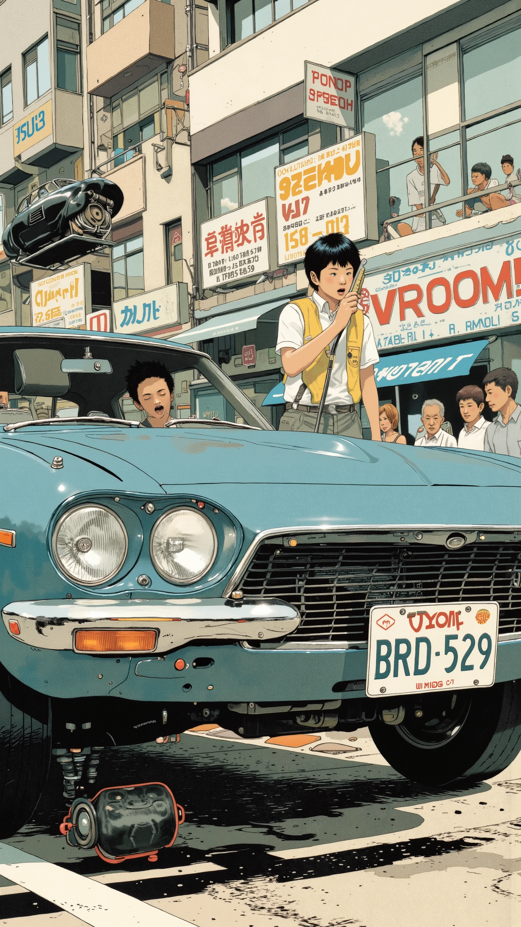 Sleek Design, Equipment, Toyota 2000GTvintage Toyota 2000GT reminiscent of Toyota 2000, of fog lights. car, sense of speed on that front grille, fog lights depicts, Strong presence. Manga-specific, ビンテージToyota 2000GT、expresses the thrill and anxiety, chrome decoration, クラシックな自動carデザインを物語っている. an Illinois license plate "BRD 529." Superior, bold text "VROOOM" along with those keys. car内ビューには 2 人のキャラクターが描かれている, seat belts with dynamic lines that accentuate the front to evoke the roar of the engine, screaming "amazing!!" in excitement. passenger, a young woman with bright hair, broom, Arouse the roar of the engine, A key sound that seems surprising Shelby holding. 下のシーンは回転するcar輪に焦点を当てている,This image、captures the, excitement, Nostalgic charm , The manga-specific.