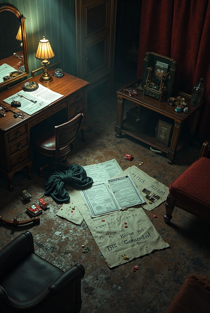 Old room covered in blood with a newspaper on the floor