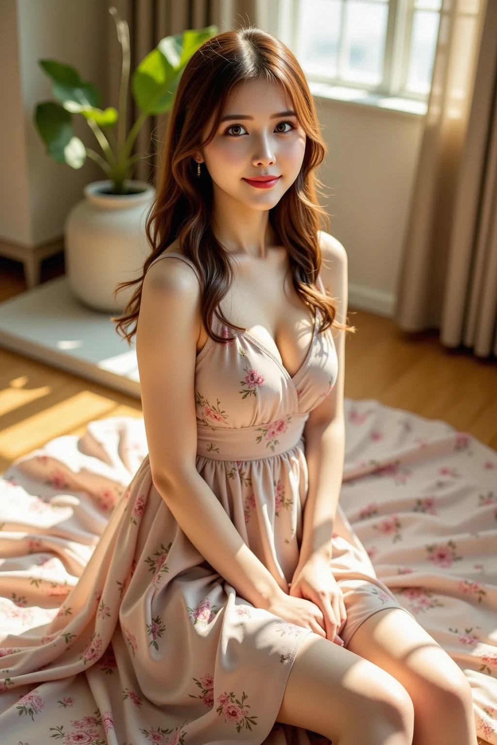 The girl laying on couch and her face is mad but it's cute . Cute dresses, cute style , full body