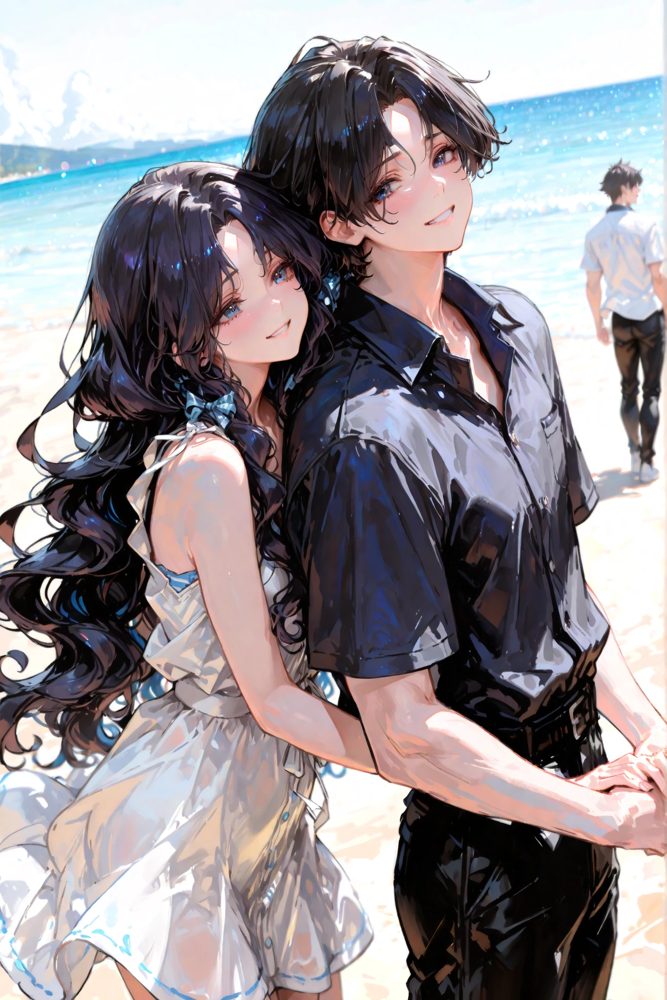 Sexy muscle long hair man and woman, Mare,Very cool,Two people on the beach,A dynamic picture of the beautiful sea, beach, and blue sky taken with a fisheye lens,Very detailed and high-quality anime illustrations