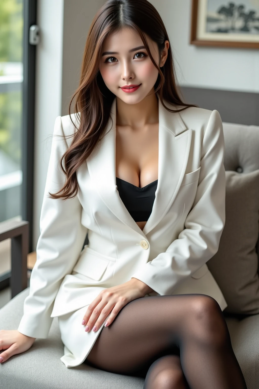 1girl,Solo,view the viewer,Realist,bent over,Black pantyhose,Exposed breasts,big breasts,Blunt bangs,Single hair bun,stand,perky ,Lace panties,love hotel,hand on pussy,big ass,office lady,white jacket,smile,squint,kneel,pee,pregnant,black thigh boots,