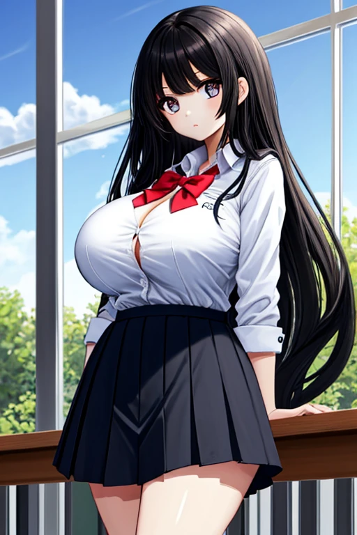 (Ultra Masterpiece), Best quality, OverDetailed, Ultra-Detailed, Digital Art, Detailed Face, (18K++, HD+), (Hyper-Detailed Eyes:1.3), (Absurdres:1.3), (Skindentation: 1.2), (Realism: 1.25), (Best shadow: 1.25), (Anime:1.3); [Expressive eyes, /(Tsundere face)/, /(Tsundere looks)/, (Perfect face)+, (seductive beauty)+, Plump Gyaru, Huge breasts, Very curvy, (dark hair), Long hair, Bracelets, Beautiful hairstyle, (amber eyes), Full lips, (face filled with happiness, shy expression, blushing), very cute], ((beautiful character design))+, At home; (Clothes details), Professional photo. [(Toned legs, Thick thighs), Big breasts, Ray tracing, (Perfect face)+, Octane render, Hentai realism, good looking shirt, ((white) collared shirt: 1.3), (open clothes), good-looking skirt, ((red) Skirt: 1.2), mini-skirt], At home, Huge breasts, Wide hips, (Shiny skin), (Very healthy body), 1 Female, (bold and assertive pose), (Very sexy+, Gorgeous woman+, young mature woman+), Facing the viewer, (Tsundere: 1.4)+