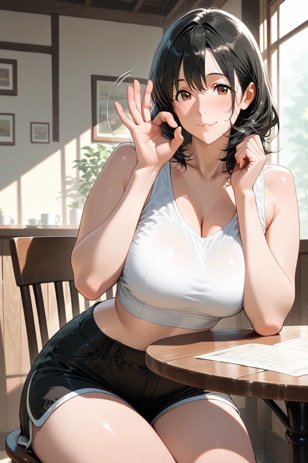 peace sign, Biologically correct five fingers、mature female、big breasts, Upper Body, (pale skin:1.2), shiny skin, shiny hair、(A woman in her 40s) and (bob cut) and (wavy hair) and (hair between eyes) and (black hair) and (red eyes) and (one eye closed:1.3), (white) and (off shoulder blouse) 、smile, open mouth, Alone、Are standing、The background is the living room