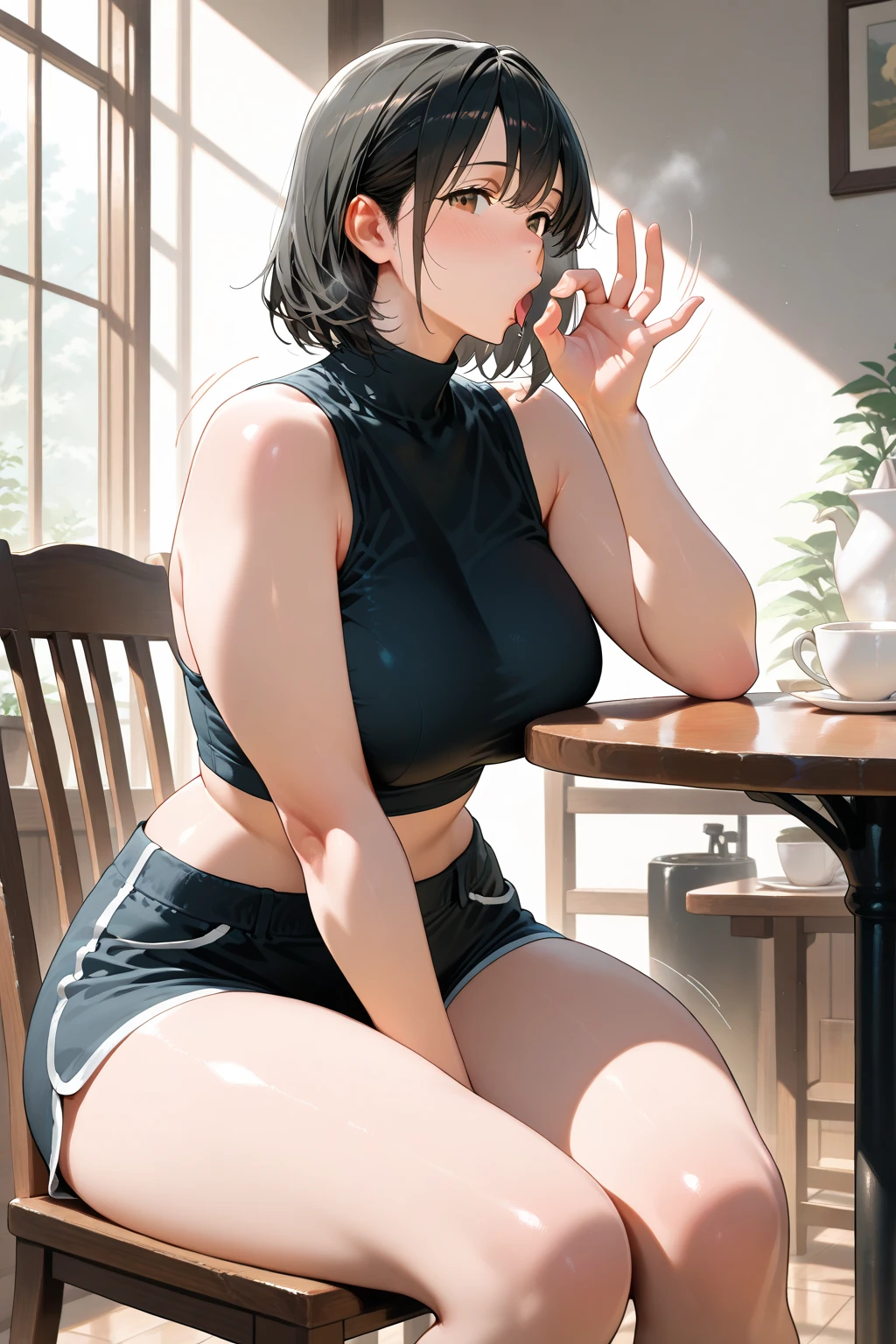 21yo girl, black hair, curly bob Hair. (Only wearing a Starbucks apron, show cleavage), natural big breast, show big thigh, plump body, sitting on a chair, side view. In the coffee shop.
