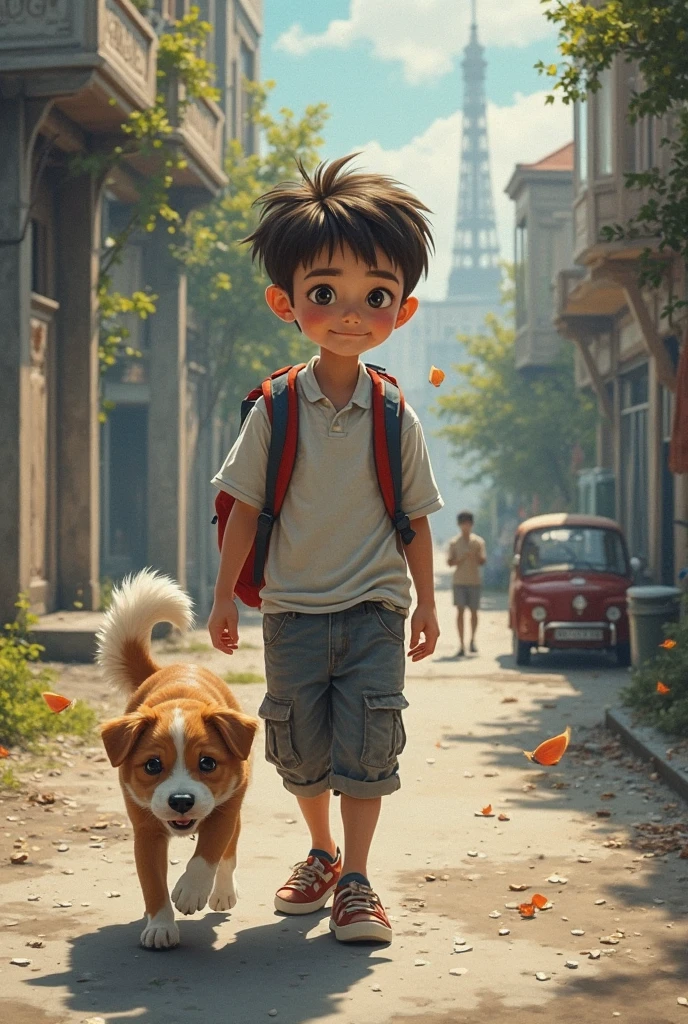 CRIE PARA MIM UM MENINO DE 7 ANOS COM SEU CACHORRO ENCONTRANDO UMA CALOPSITA EM DESENHO ILUSTRADO
