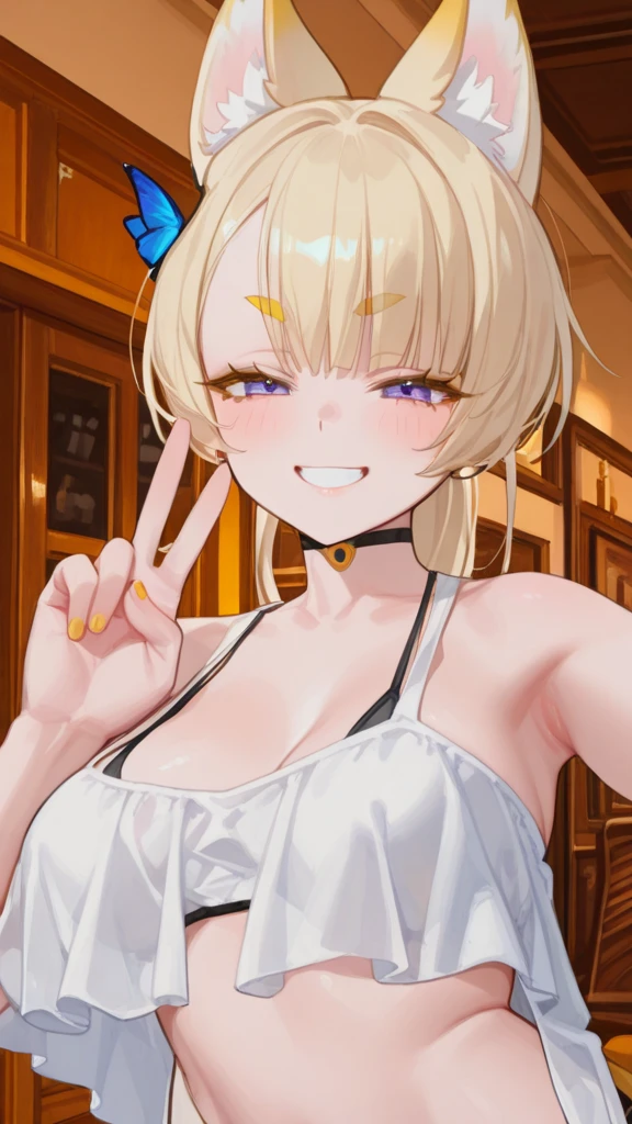 Best quality , masterpiece, Portrait、、Bright expression、ponytail、Young, shiny, white, glossy skin、Gloss Face、Shining Cheek Gloss、Small Face Beauty、The best beauty、The dazzling light of blonde hair、Bright blonde hair with dazzling highlights、Very beautiful shiny light blonde hair、super long silky straight hair、Her shiny, beautiful bangs are covering her eyes.、Sparkling, clear, attractive, bright, large, pale blue eyes、Very big eyes、eyeliner、very beautiful lovely cute 16 year old girl、young girl, Ample Bust, upper body , (smile:1.2) , (((bartender:1.2, ponytail )))),in room ,huge breast 