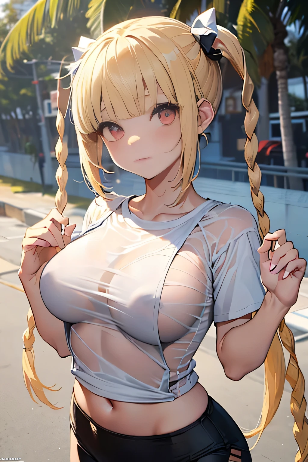 optimal,master piece,High resolution,best quality,hyper hd,super detail,award-winning,16k,solo,(Upper body),correct anatomy,beautiful cyberpunk girl,cowboy shot、cute face,,blonde、long hair、twin tails、Braid, hair line,((scarlet eyes)),long eyelashes,drooping corners of the eyes,white skin,Shoot from below, ((Wearing a tight white t-shirt:1.5)), ((tight yoga pants)). ((transparent nipples))、rocket tits, (Because I'm slender),((big breasts: 1.5))