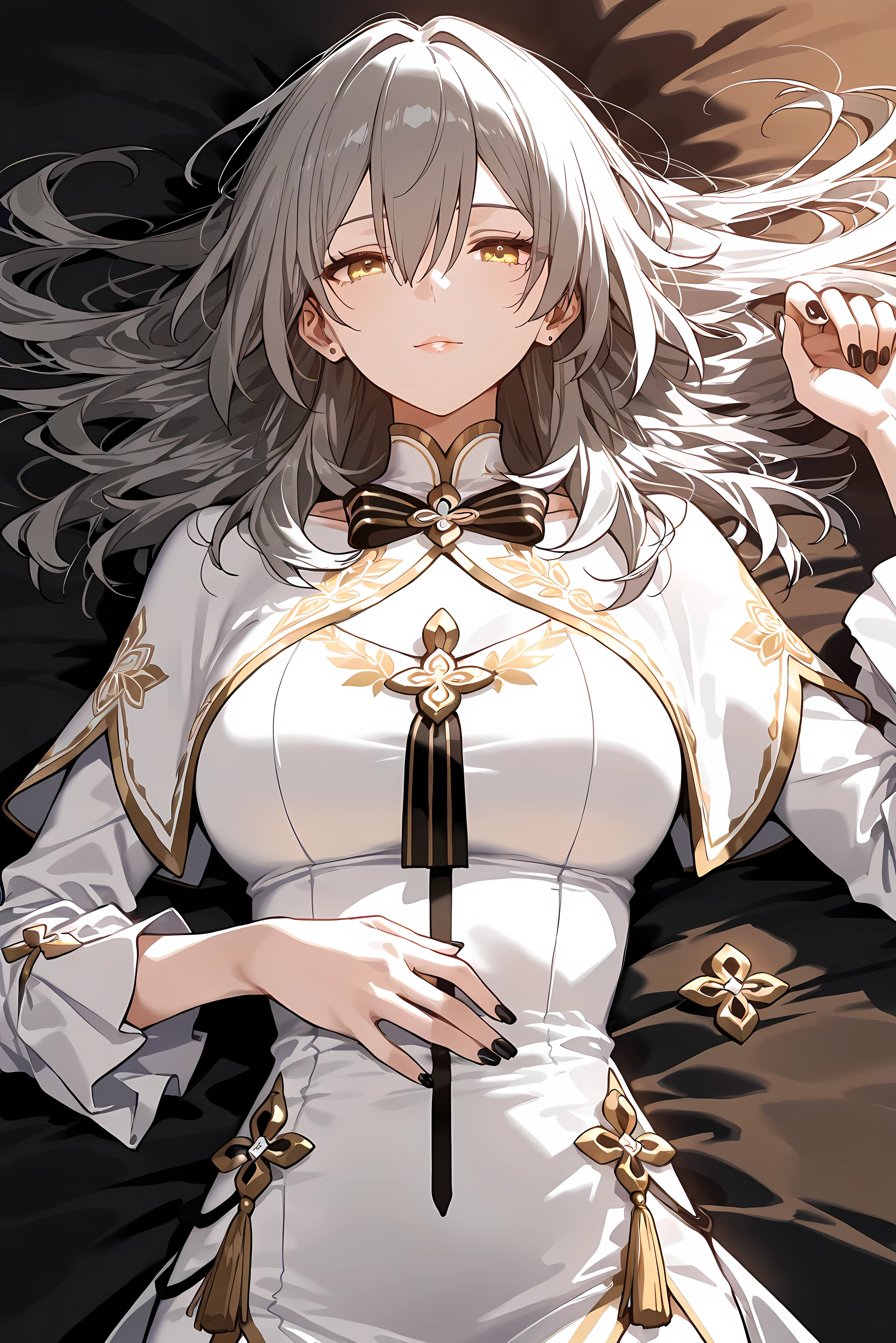score_9, score_8_up, score_7_up, masterpiece, best quality, very aesthetic, absurdres, tunning image, attractive image, solo, 1girl, adult grown woman, stelle (honkai: star rail), grey hair, bangs, hair between eyes, long hair, yellow eyes, masterpiece,best quality,amazing quality, ero404, 5 fingers, black nails, lips, alternate costume, ceremonial priestess outfit, monochrome, diamond-pattern pleats, regal embroidery, capelet sleeves, striped bowtie, high collar, gold accents, geometric symmetry, ornate trim, solemn, gothic flair, religious formalwear, stage costume, amulet brooch, minimal color palette. shiny skin, lying down, in a relaxed pose,