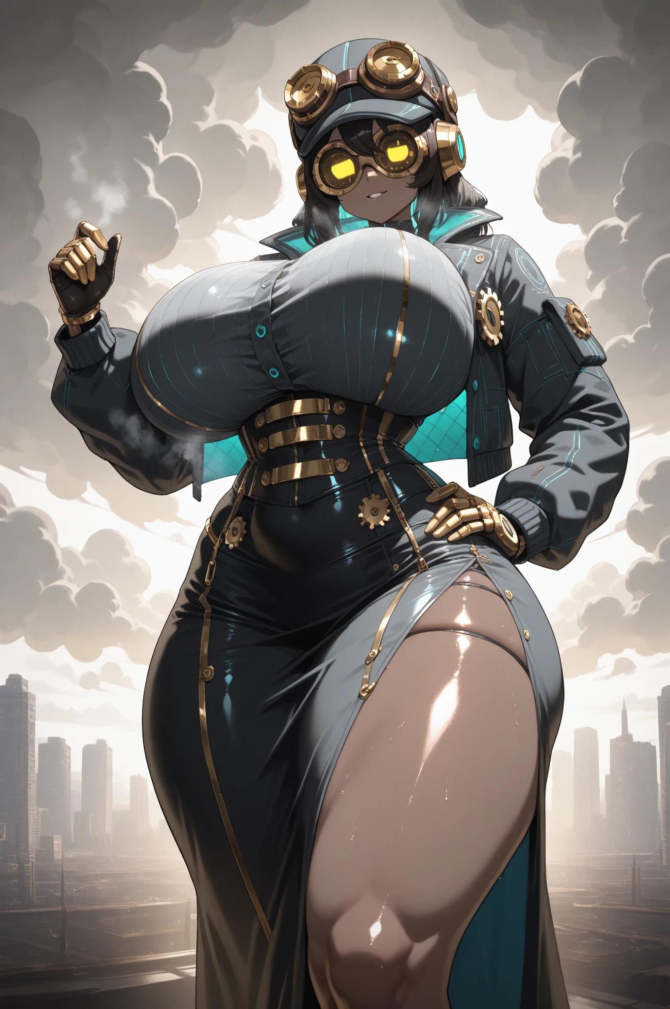 ((((mujer con un arma oculta bajo la manga oculta)))),(((steampunk style))),sexy pose, large sagging bosoms,cameltoe,ultra realistic 8k cg, picture-perfect face, flawless, clean, masterpiece, professional artwork, famous artwork, perfect face, beautiful face, beautiful eyes, ((perfect female body)),large breasts, solo, ,skirt,,blush,((((,big ass, ass pose, ass, breast, cleavage, cameltoeseductive expression)))),extremely detailed_eyes,thick thighs, beautifully detailed background,depth of field,skindentation,full body,