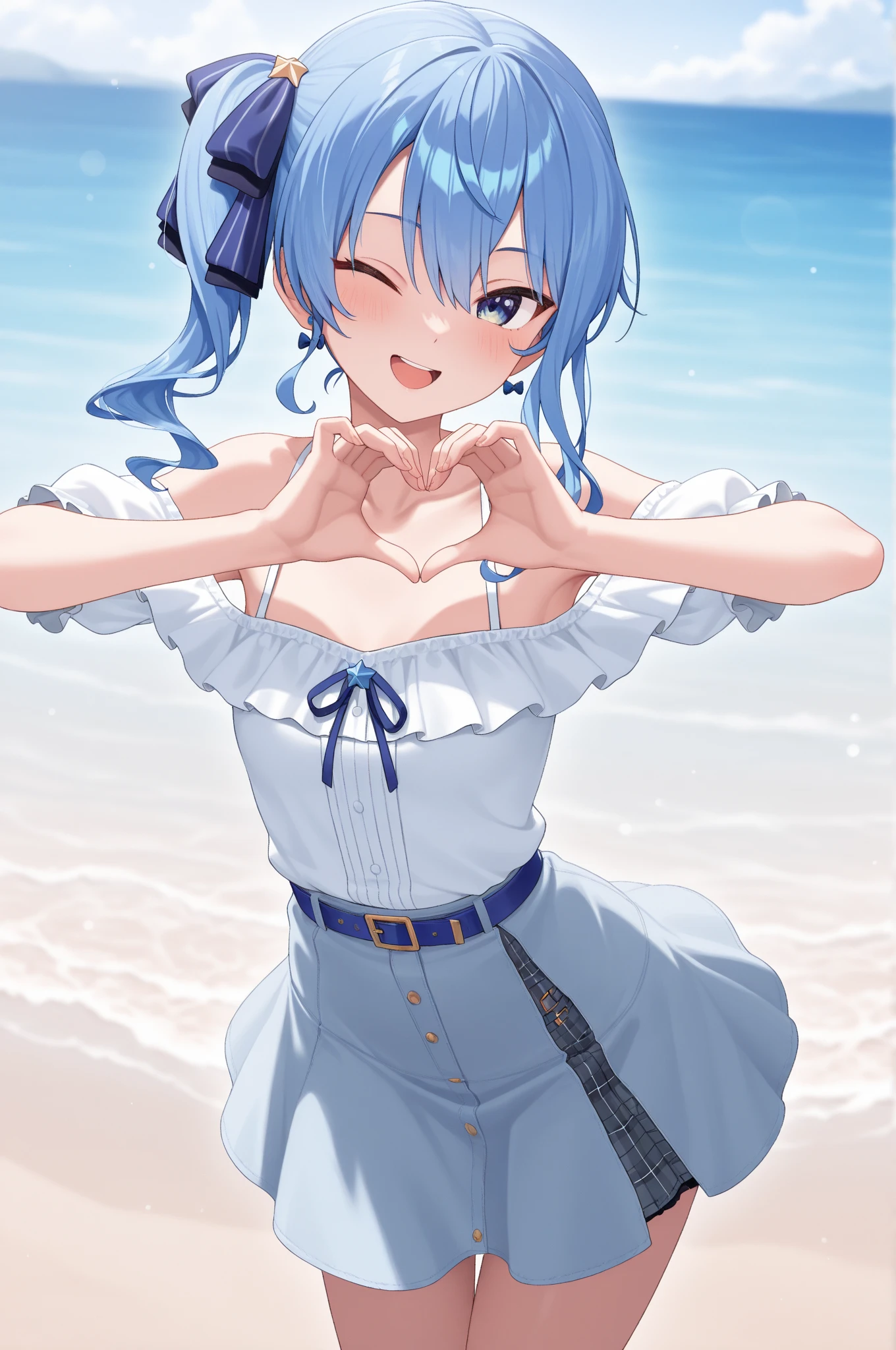 best quality,ultra detailed,extremely detailed and beautiful,perfect anatomy,perfect hands,(outdoor,sea)++, (1GIRL)+++, (HOSHIMACHI SUISEI),blue eyes,blue hair, long hair,topless, micro bikini, (heart hands:1.2),(contemptuous,disdain)+, (flat chest:1.3), star hair ornament , choker, (heart_shaped_boob_challenge:1.4),