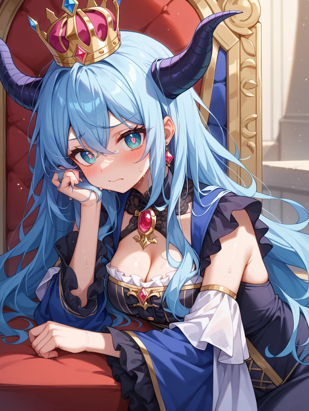masterpiece, best quality, highly detailed, 1girl, throne, sit, smile, looking at viewer, red eyes, long hair, blue hair, long blue hair, demon girl, skull throne, crown, wings, horns, cleavage, face to detail, detailed eyes, eyes extremely detailed, (half-body:0.6), (blushing: 1.5).