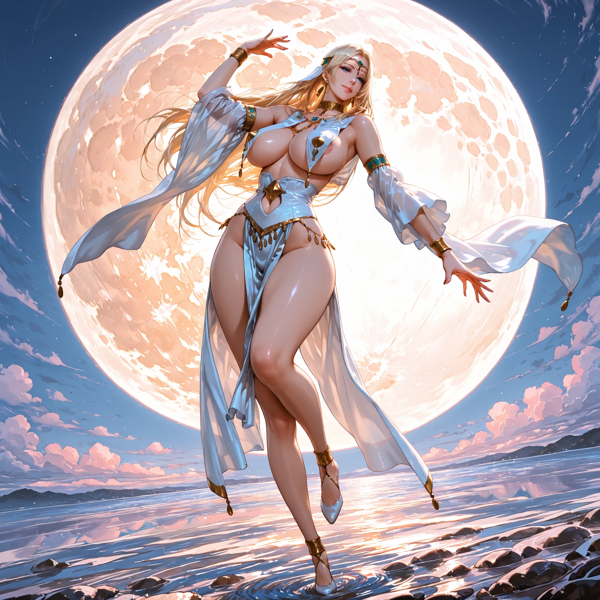 We can see Planet Earth on the sky from the Surface of the Moon. Beautiful nude woman with massive breasts. The breasts are not covered by anything. Red full lips. full body view. Sexy blonde hyper realistic model with well detailed green eyes, thin face. shiny blue stockings. Woman is standing on the moon