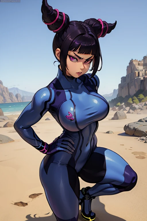 18 year old Yoruichi Shihōin from Bleach with tanned skin and a black surgical mask on, unzipping her purple latex suit to pridefully showing off her rock hard abs while sitting on on a mountain ledge, highly detailed