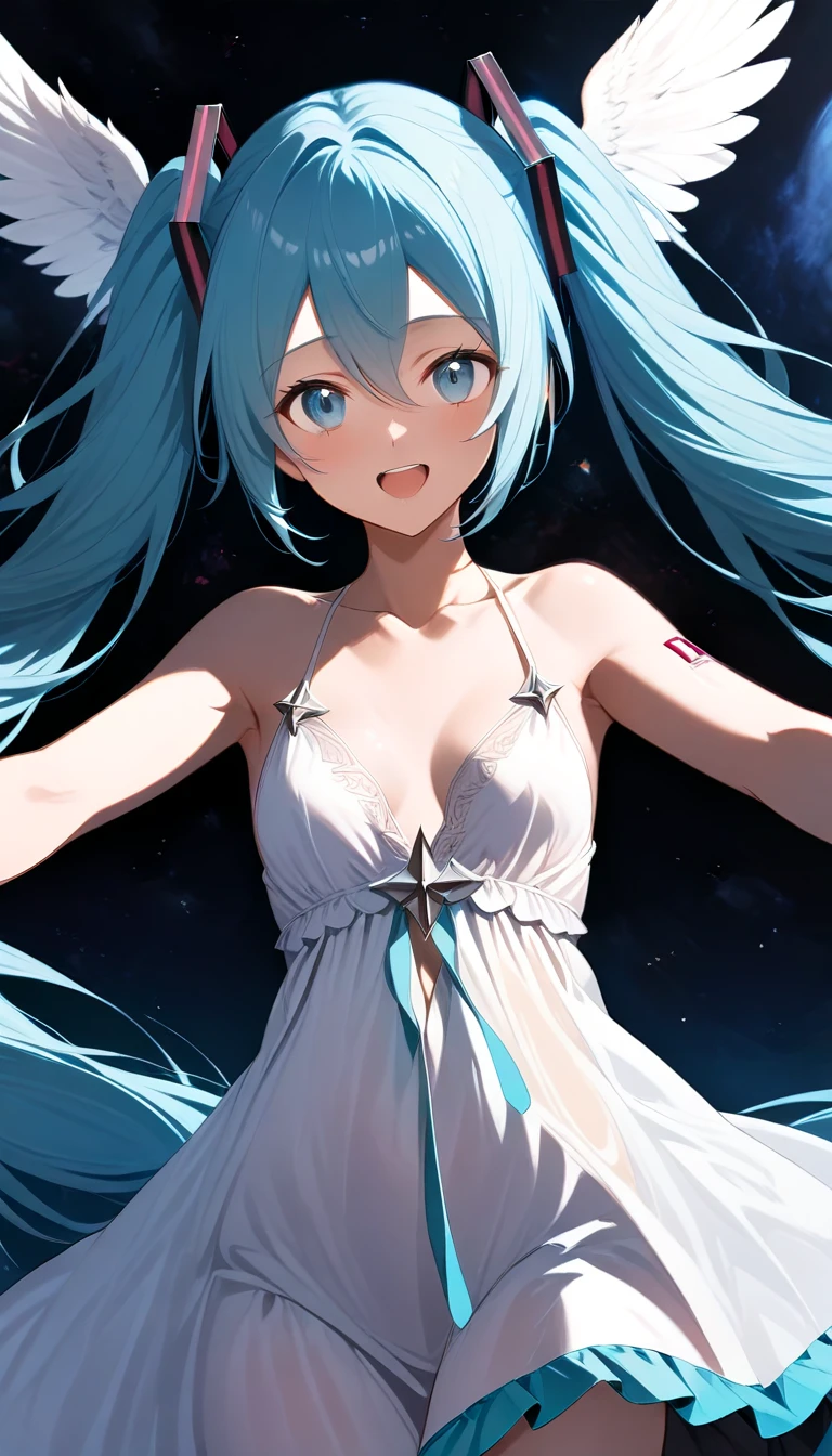 Super Idol a beauty girl A charming smile sky blue hair length hair Twin-tailed Light pink and white sheer leotard outfit Mystical constellation a moon Crystal Brilliance Aurora Borealis in the Night Sky