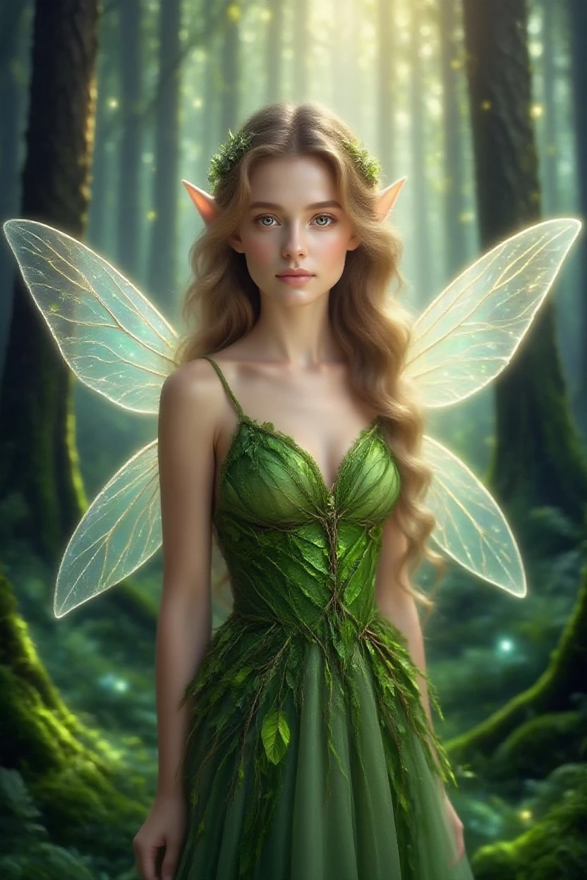 A photorealistic rendering of a beautiful fairy with translucent, glowing wings, seated on a wooden surface in an enchanted forest. She has light blonde curls and wears a green, shimmery dress. The background is dark and mystical with hints of an old structure and large windows, creating a magical atmosphere. Rendered in Unreal Engine 5 with bold colors and finely detailed textures