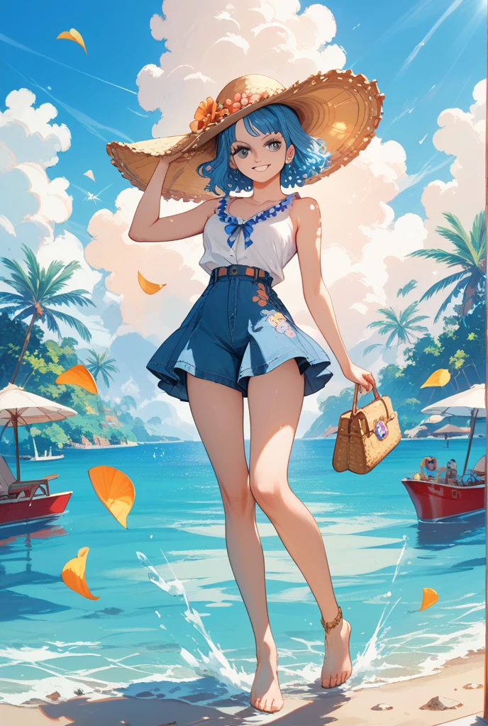 Ocean、summer、Swimwear、２People Girls、Large Breasts、cute、smile、fun、Swim ring、water droplets、Plenty of fish、Have juice、Straw hat