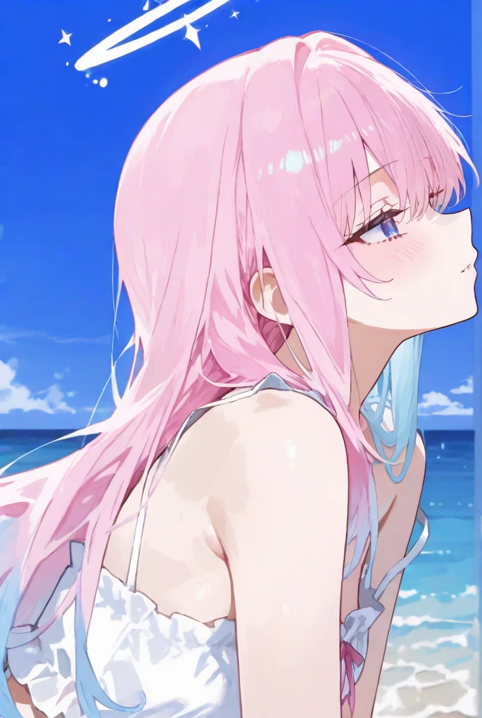 Full Body Shot、Semi-long hair、Pink Hair、pale blue eyes、Ocean、Sandy Beach、Medium breast、、whole body、stick out your butt
