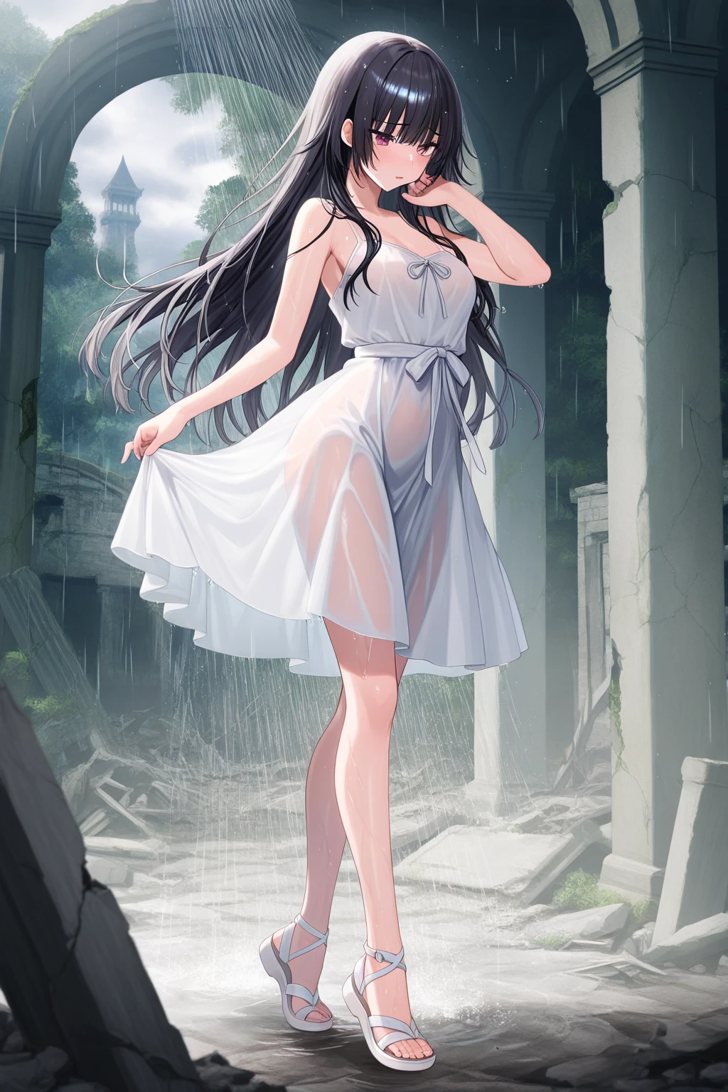 Long-haired girl dancing swan dance in the rain,Wet,Barefoot,High Leg Raise,Full body portrait,High Saturation,CG Art, Makoto Shinkai's photo, pure, Concept Art, Lofi Art style,Shinkai Makoto animation art style, Lofi Art, Beautiful anime scene, Anime Landscape, Detailed scenery, Makoto Shinkai's style, Makoto Shinkai's style, Enhance Details