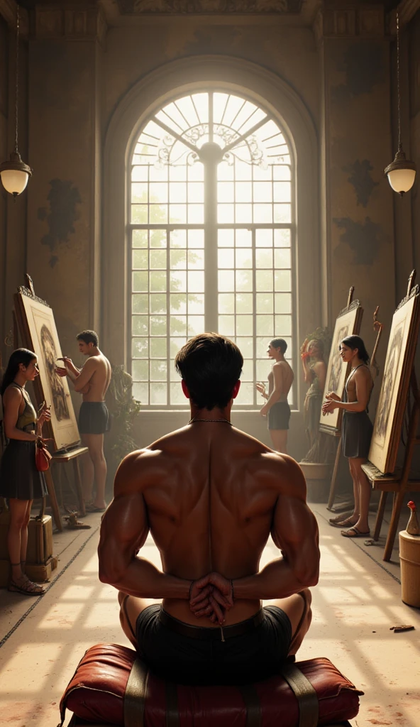 ilustracion en el estilo de Roberto Ferri , view from behind, a young man inside a museum of baroque paintings, Two styles, the subject in watercolor style soft pastel colors young man muscular body toned muscular symmetrical divine proportions, oval face large eyes thin lips thin nose heart-shaped chin brown eyes, short straight black hair, hairy body, muscular legs, muscular glutes, cinnamon wings , Italian, narrow waist, broad shoulders, muscular breasts, perfect feet, shirtless, with sandals, and small thong, abundant pubic fleece,, He is standing with his arms stretched upwards, legs open , smiling very sexy looking straight at the camera, the look expresses lust, seduction, desire, passion, instincts the background in oil painting style intense cold hard colors, museo con pinturas retratos Baroques de hombres sin ropa escene superdetallada, masterpiece of realism+Baroque+romanticism, 8k resolution, intricate details, Highly detailed, the lights and shadows give it a sense of depth and drama, combination of tom of finland's styles, Roberto Ferri, caravaggio y greg roukoski