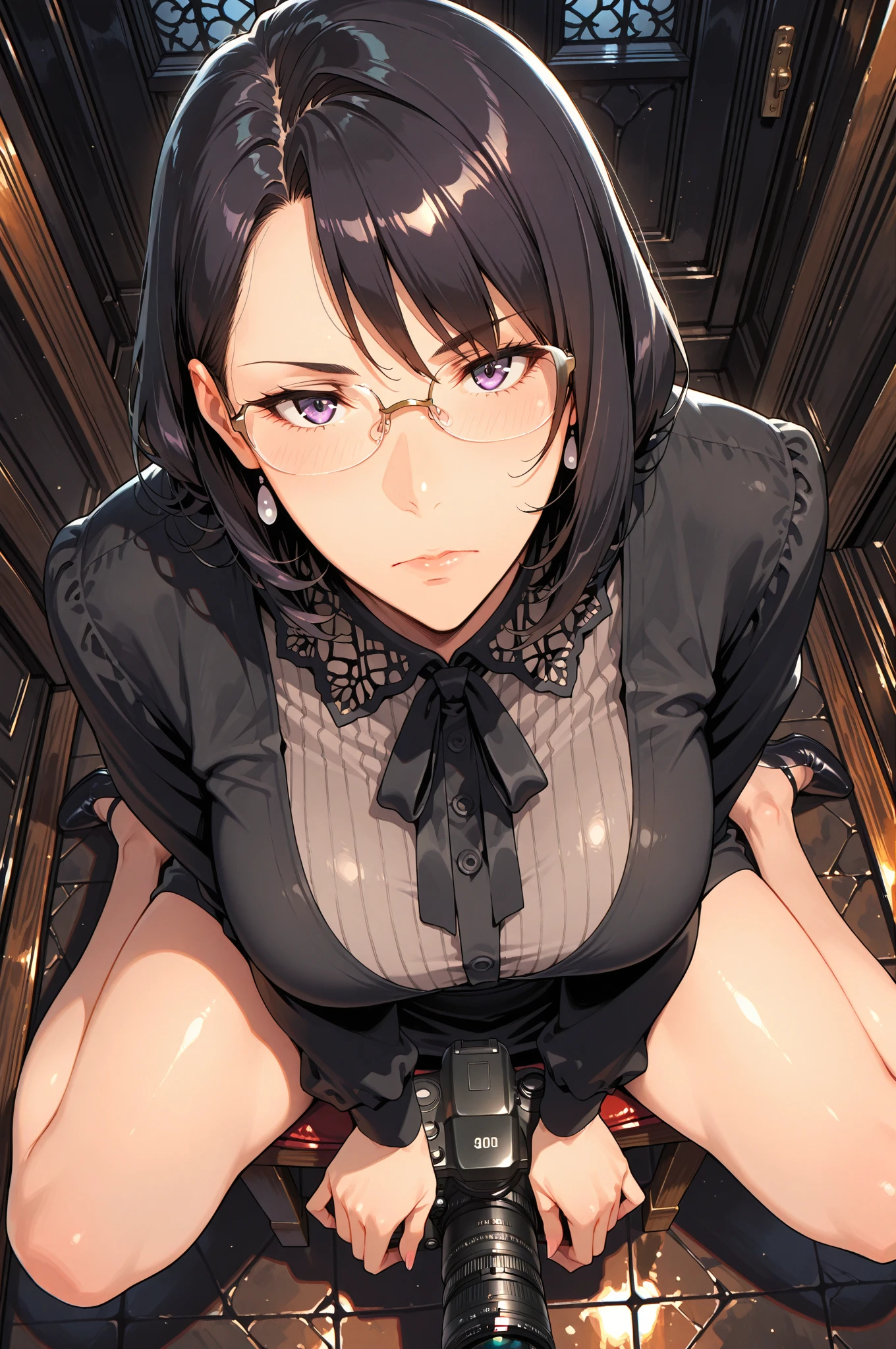 (1 boy:1.5),(dark skin:1.5),(masterpiece:1.2), highest quality, High resolution, unity 8k wallpaper, (fine and beautiful eyes:1.6), highly detailed face, perfect lighting, Detailed CG, (perfect hands, perfect anatomy),20 years old, (black hair:1.3), detailed eyes, best quality, extremely detailed, very precise detailed, (glasses:1.4), , (straight hair:1.5), (evil smile) ,long sidelocks, (blush:1.3),(very short bob:1.4),(blunt bangs:1.4), (greaming skin:1.3),bent over:,(flat chest),(business suit),(open mouth),pencil Skirt