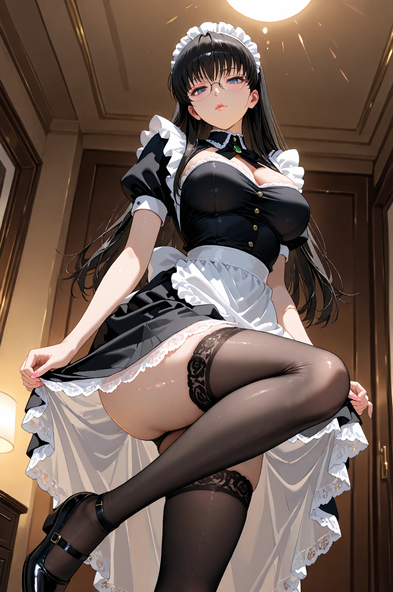 highest quality, masterpiece, from below, long hair girl, White sleeveless short dress with black lace on the chest, looking at the viewer, panties, garden, enchanting smile, open your mouth,