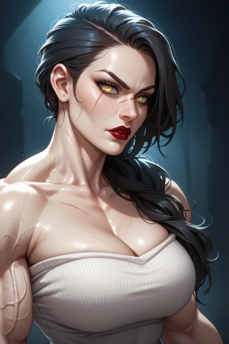 pale skin solo 1 girl black hair yellow eyes angry very long hair huge breasts bodybuilder dark atmosphere black lipstick close up black eyeshadow