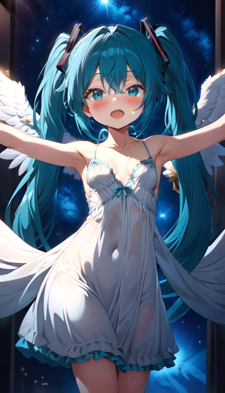 Young girl during sensual magical change, flying, transformation scene, transformed luminous body, glowing nude,