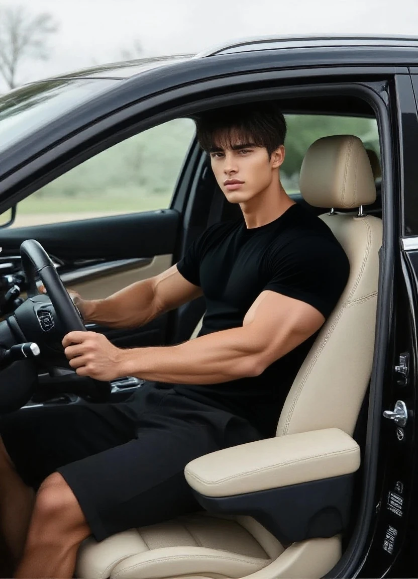 "A muscular, handsome, stylish Korean man with well-groomed hair and earrings, wearing a black boxer and shirtless, full body shoot. The image is set in a BMW x7, morning, highway berlin Germany.
