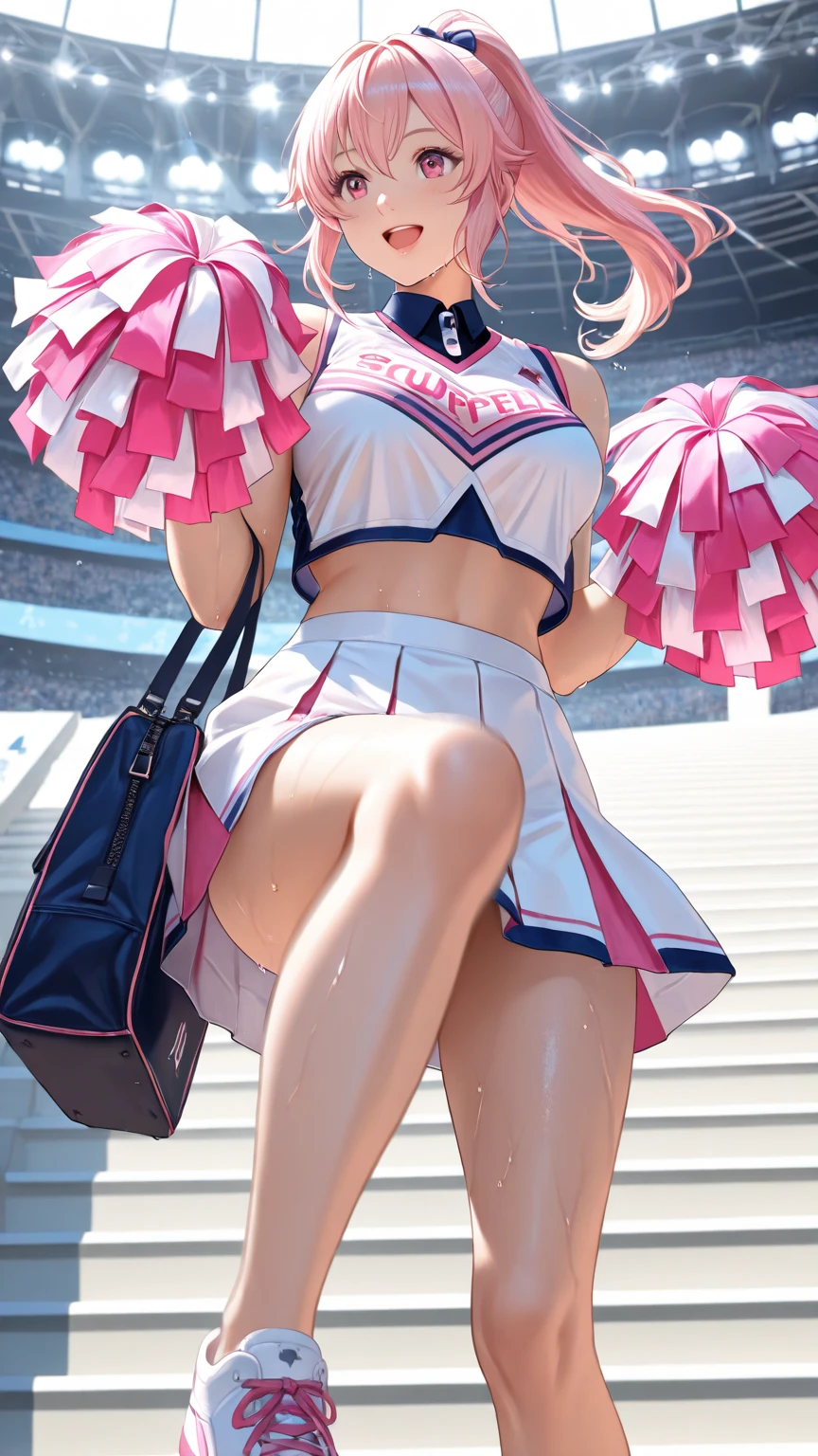 Ala Fed Asian cheerleader posing dynamically with large pom-poms in both hands in stadium、write、a closeup、cosplay foto、Anime Cosplay、tiny chest、Raw photography, top-quality, hight resolution, (masterpiece), (Photorealsitic:1.4), professional photograpy, foco nítido, nffsw, 8K分辨率, intricate detailes, depth of fields, the Extremely Detailed CG Unity 8K Wallpapers, front lit, girl with, beautiful supermodel, A smile、A slender、Mary Rose、Twin tail hair、Korean style uniform、Peeking from below、(skinny thigh)、White underwear is visible