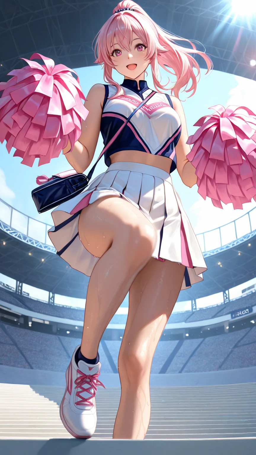 Full body, ((from bellow)),(underboob),Cheerleader Costumes, underboob,Holding a pom-pom in both hands,Cute face, (Twin-tailed),Wet,to stand,(Open legs),side-tie,Inside the stadium,slenderbody,Constricted waist,hposing Gravure Idol,top-quality,masterpiece,Vivid as a photo,Realistic,Photorealistic,Ultra-high delicate,Ray tracing