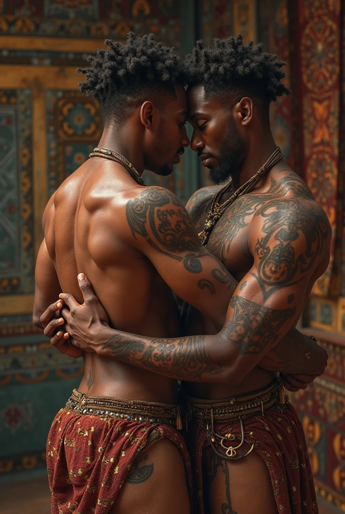 an interracial gay male couple of men in full royal garb romantic embrace, fully clothed, nice pants, face to face, european and african, homoerotic, darius zawadzki and tom bagshaw, inspired by Hedi Xandt, brown skin man egyptian prince, by Hedi Xandt, edmund blair and charlie bowater, inspired by Frederick Lord Leighton, wlop and andrei riabovitchev, charlie bowater and mark brooks, tom holland, full body, interracial gay men, brownskin shortcurlyafro,  caucasian tsar of Russia short hair, jeweled loin guard, rendering, digital painting, Imperial coat of arms Russia, males only, beautiful attractive antique kings male lovers. 