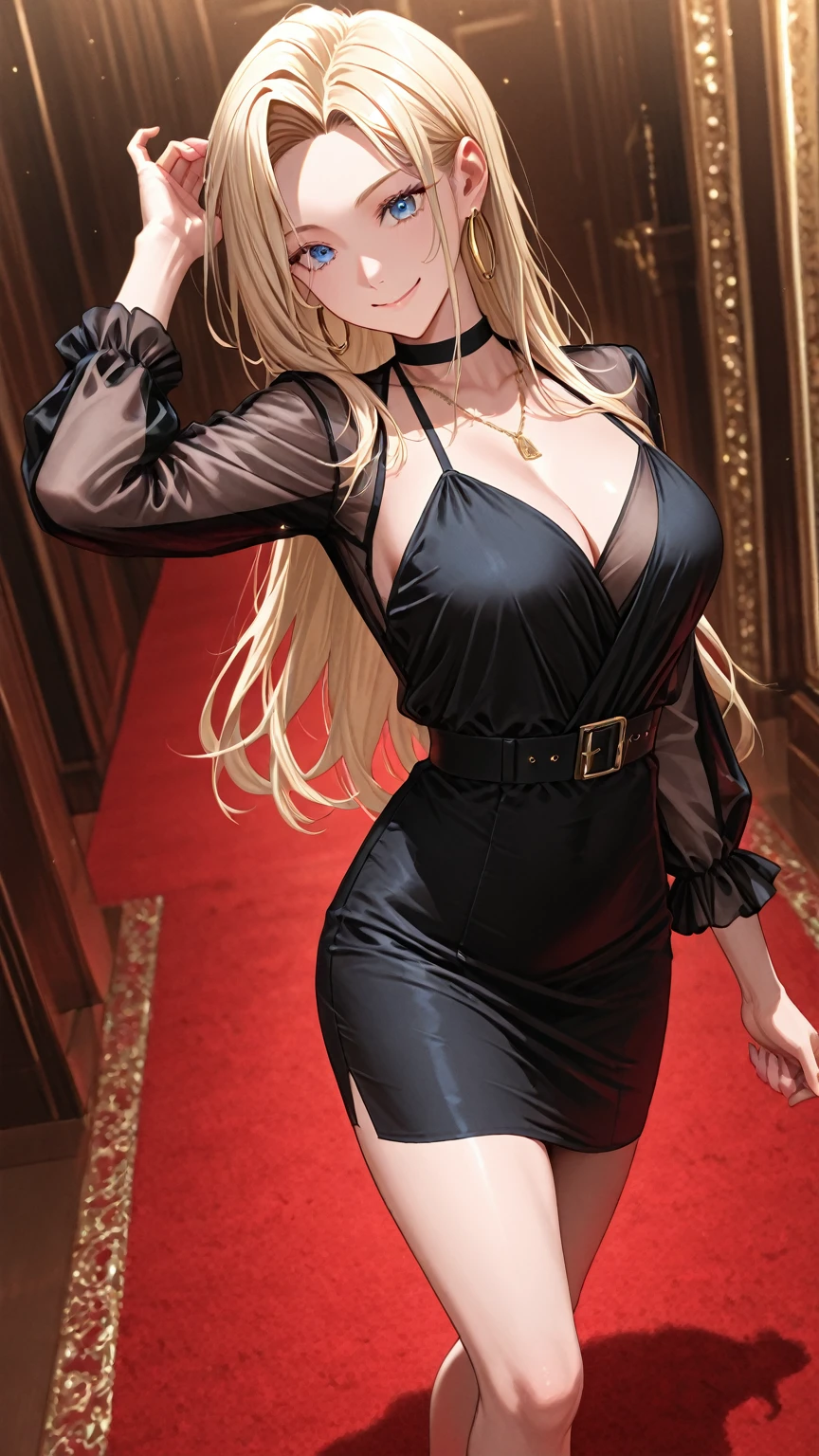 high resolution、Perm、Blonde、Long Hair、No sleeve、A sophisticated black dress for adults。sexy。Like a celebrity。Like a movie star、Luxury accessories
