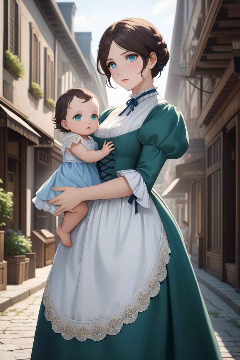 fashionable 1950s female lady police dress skirt uniform, cradling baby in her arms in atmospheric garden