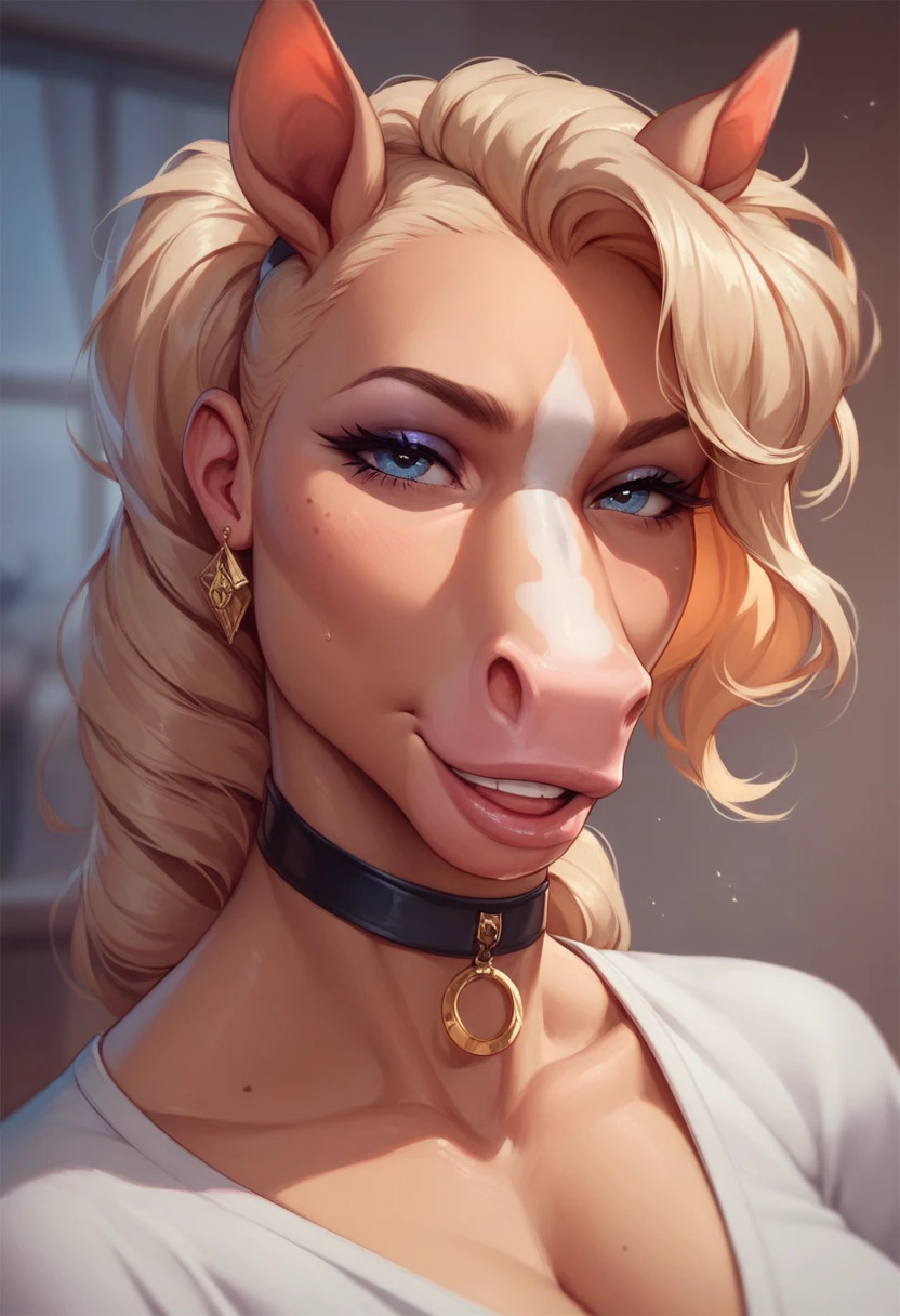 Solo, score_9,score_8_up,score_7_up, source_furry, a tall female spotted hyena, brown snout, black nose, brown eyes, athletic body, short spiked undercut platinum blonde hair, black lips, hyena tail, brown hyena ears, blowjob, sucking a males cock, human male, side view, eyes half open, looking up at male, cumming in her mouth,