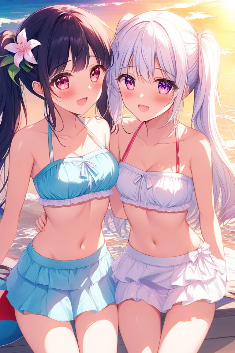 ((highest quality)), ((masterpiece)), (pretty girl), (multiple girls:1.8), cute girls are posing for a camera outdoors in the water, shirtをめくりあげる, stand side by side, perfect face, smile, (open your mouth and smile:1.3), embarrassed look, (precise fingers:1.3), hair band, head band, hair bobble, blouse, shirt, I can see your underwear, (pastel colored underwear), high resolution eyes, accurate eye, (high resolution eyes:1.8), (High definition finger 1.8), light smile, small chest, chest, realistic, 4years old, 5 years old, 6 years old, 7 years old, knee socks, short skirt, Asian, blue eyes, silver hair, brown hair, blonde, belly button, jewelry, looking at the viewer, necklace, water, , Wet, long hair, short hair, abs,