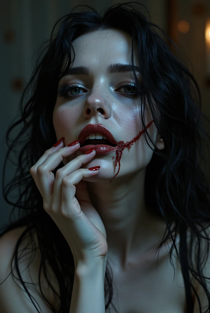 Make a woman with the face of Anya Taylor Joy with long white hair, her hair is wavy, that is dressed in white, that has blood on his hands and in his mouth. , that the dress may have a little blood on it