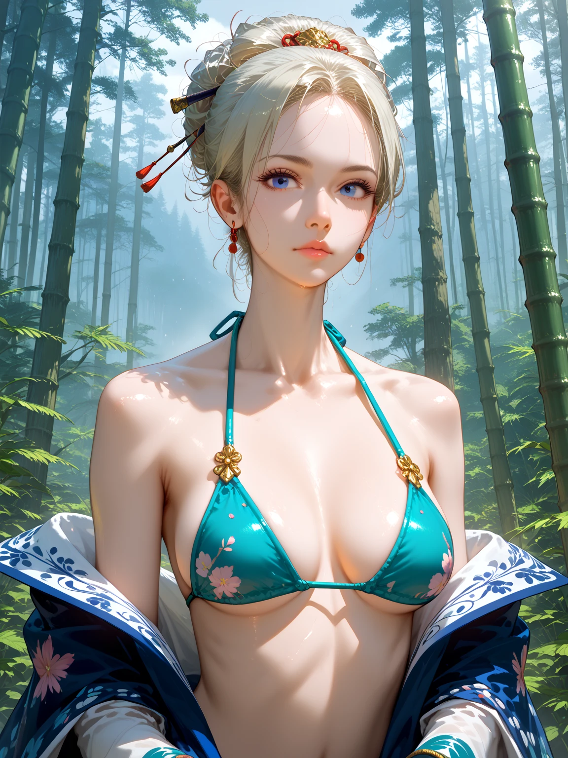 Whole body, (NSTDA.:1.2), (10, beste-Qualit, master-piece: 1.4), ultra-high resolution, (lifelike, photorealistic portrait: 1.48), 20 age, Cute Girl, Beautiful girl striptease, , Famous Japanese actors, Blue Eyes, long-haired, Head tilt., cowboy shot, from the front, looking at the audience, expressionless, Beautiful lake, Zeiss 150mm F/ 2.8 Hasselblad, In Japanese shrines, Whole body, foot, Ultra-Wide Angle