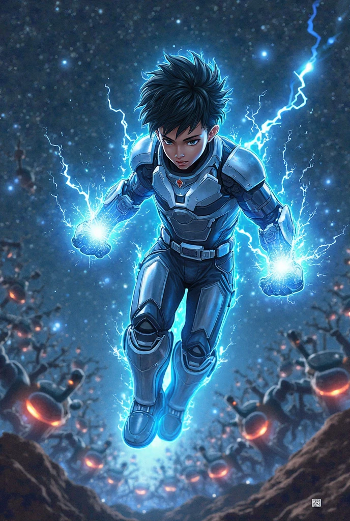 A person in his robotic suit that has plasma swords on the elbows and is used by a child