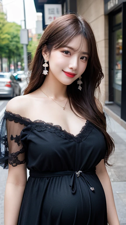 Draw a picture of a rather plump young Asian woman with long, wavy, dark brown hair. She wore a Bunny Ears Headband and a black blouse that revealed a bit of cleavage. This woman was standing next to the car with the door closed but the car window open, looking down slightly with one hand leaning on the door and the other holding her cell phone. The angle of this photo is from inside the car, showing the view from the side of the car door towards the woman. The background is nighttime with dim lighting, and there is some graffiti or murals on the wall behind the woman.