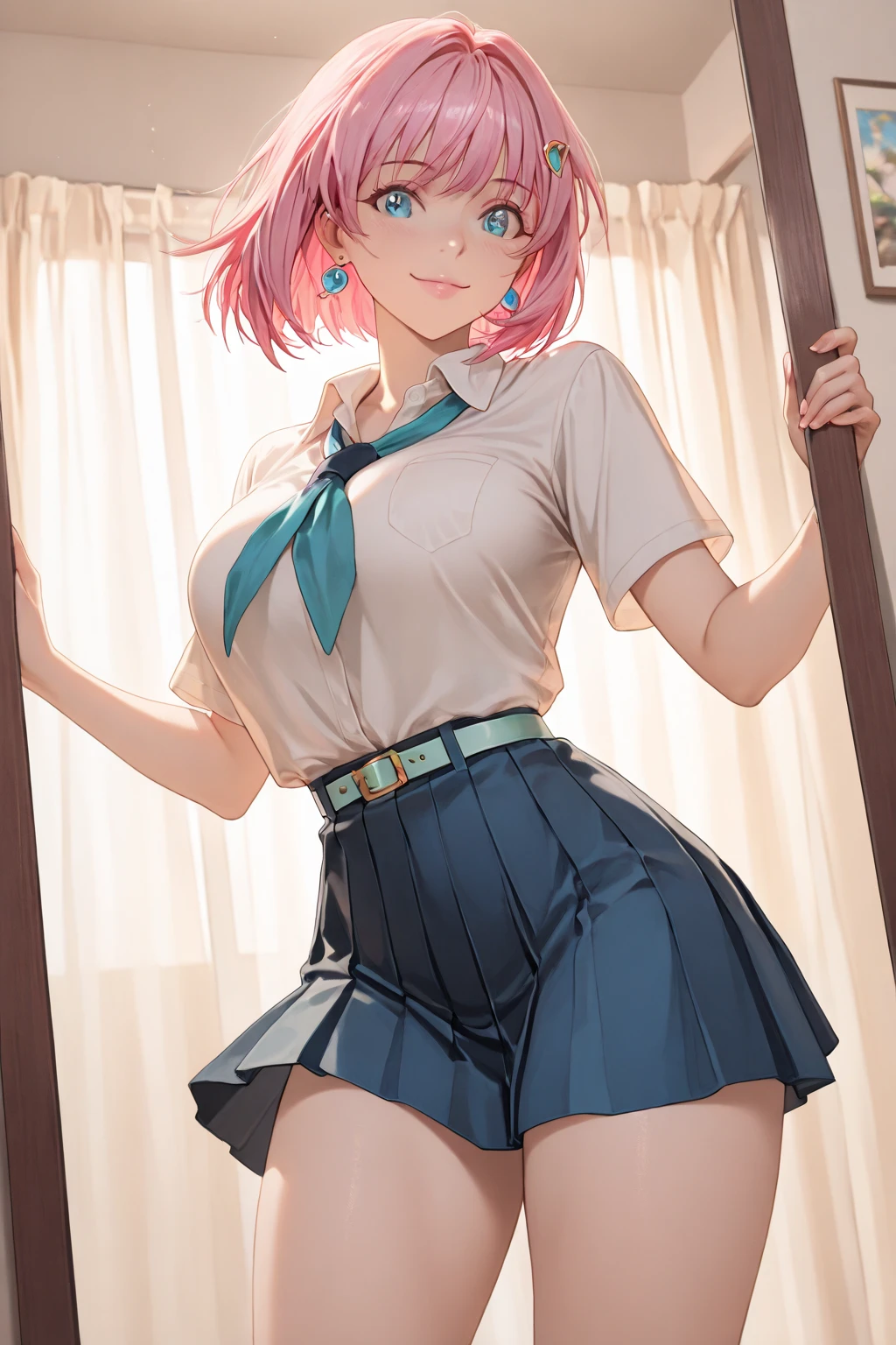 (1 girl),(Best Picture Quality, 8K, Masterpiece:1.3), (high school student:1.5), (pink lob hair), (bob cut), (slant skyblue eyes), ((school uniform, white short simple sleeve shirt, darkblue skirt, pink simple tie)), (super clear:1.5), (glistening skin:1.1),(pale skin:1.1), (standard weight), (medium breasts), (mintgreen lace bra),(mintgreen lace panties), (clothes lift, show off bra ,show off panties).