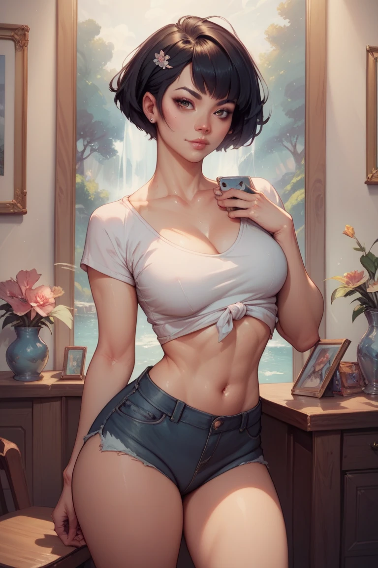 (1girl, Alone, alone), (WakatsukiRisa, Sarada uchiha, black hair, short hair, Black eyes, (small bust), red glasses), ((Alone, (1woman,pink lipstick, Black eyes), extremely detailed , Soft ambient lighting, 4K, perfect eyes, a perfect face, Perfect Lighting, the 1 girl)), ((fitness, , shapely body, athletic body, toned body)) , ((denim shorts, white tank top, window in the background, plants, garden, leaves, tree, bushes, flowers, wood))