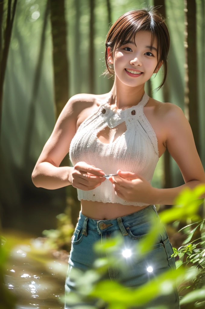 Mastepiece, Best Quality, (highest quality、8K、masterpiece:1.3)、Ultra-high resolution、Physically Based Rendering、(Photorealistic:1.37)、Beautiful woman with perfect body:1.4、Slim abdomen:1.2、Highly detailed face and skin texture、 Red Cheeks、White skin、Narrow waist,Thin legs、highest quality,Very beautiful woman, (cute:1.2),Perfect Glowing Skin,Brown Hair,((smile))、(((Forest bathing)))、((Pleated skirt))、(((Skirt Lift)))