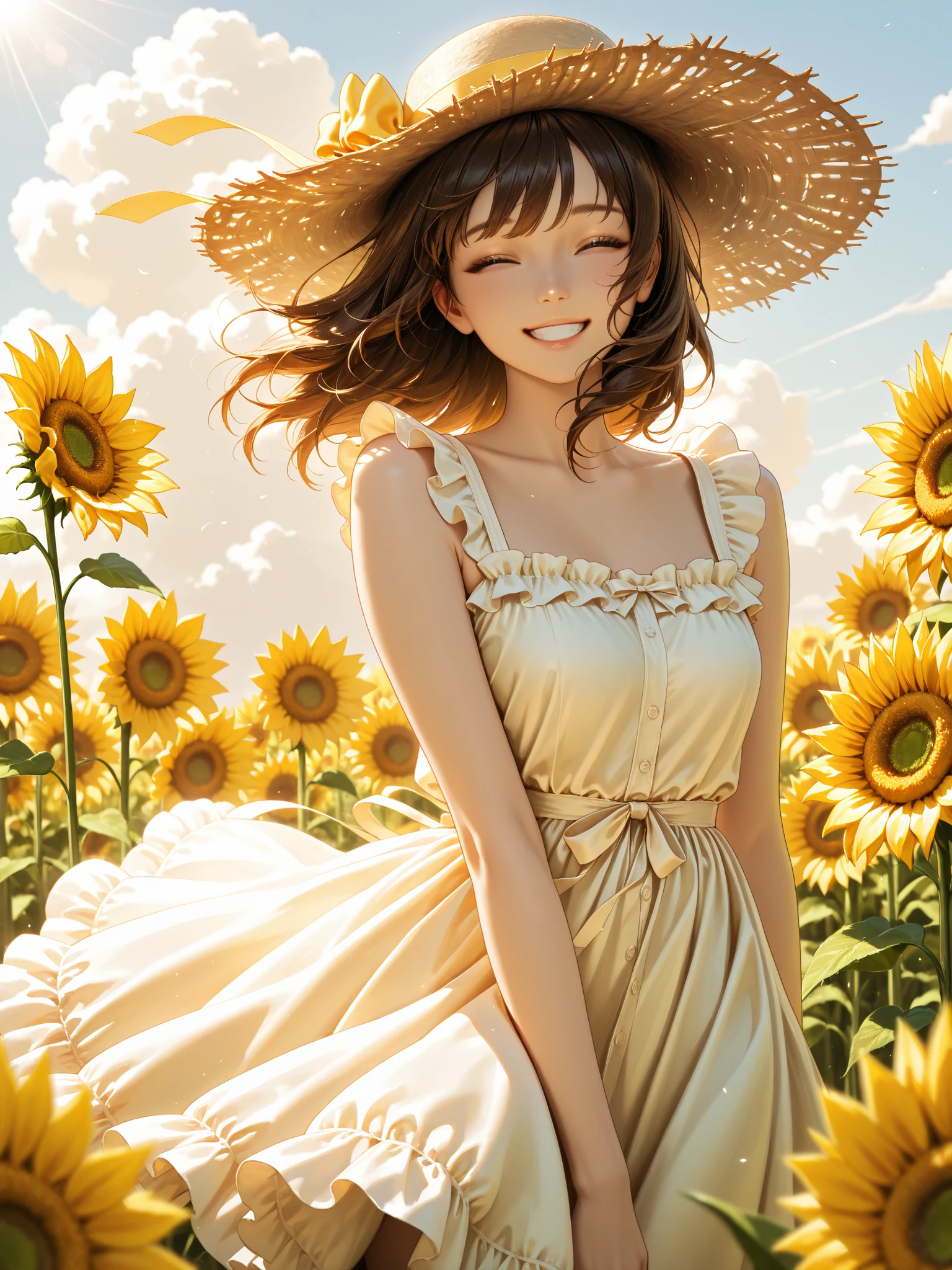 safe_pos, score_9, score_8_up, score_7_up,
masterpiece, best quality, detailed, amazing quality,
detailed background, sunflower field,
detailed eyes, clean eyes,
dynamic pose,
solo, 1woman, woman, pale skin, short hair, blue eyes, dark brown hair, messy hair, curvy, wide hips, big breasts, chubby, 
cute dress, frilly, bows,
twirl_spin, holding dress, spinning, dancing, happy, easynegative,